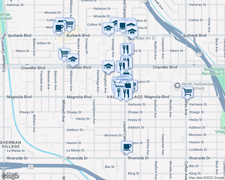 map of restaurants, bars, coffee shops, grocery stores, and more near 5224 Vantage Avenue in Los Angeles