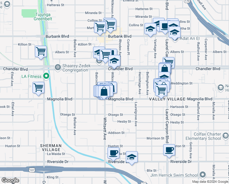 map of restaurants, bars, coffee shops, grocery stores, and more near 5222 Wilkinson Avenue in Los Angeles