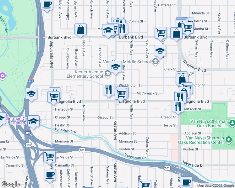 map of restaurants, bars, coffee shops, grocery stores, and more near 14830 McCormick Street in Los Angeles