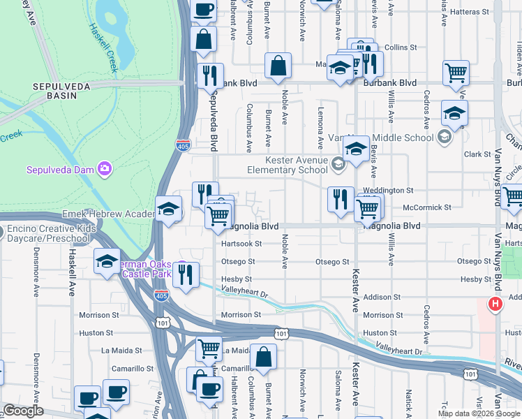 map of restaurants, bars, coffee shops, grocery stores, and more near 15149 West Magnolia Boulevard in Los Angeles