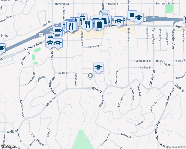 map of restaurants, bars, coffee shops, grocery stores, and more near 5220 Collier Place in Los Angeles