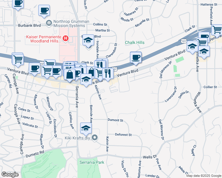 map of restaurants, bars, coffee shops, grocery stores, and more near 20720 Ventura Boulevard in Los Angeles