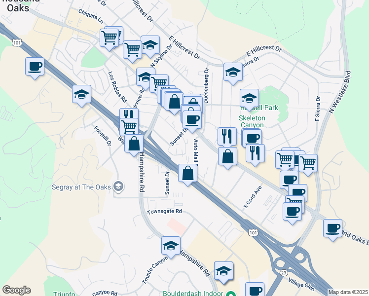 map of restaurants, bars, coffee shops, grocery stores, and more near 3369 Holly Grove Street in Westlake Village