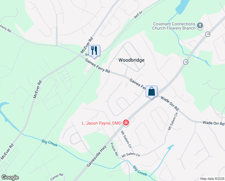 map of restaurants, bars, coffee shops, grocery stores, and more near 6222 Stillwater Place in Flowery Branch