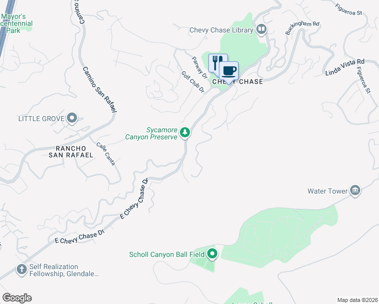 map of restaurants, bars, coffee shops, grocery stores, and more near 2816 East Chevy Chase Drive in Glendale