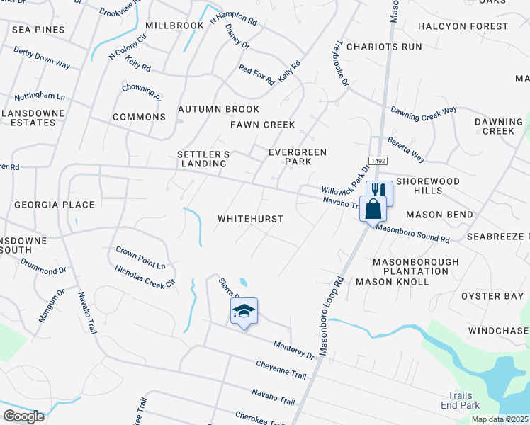 map of restaurants, bars, coffee shops, grocery stores, and more near 4131 Whitehurst Drive in Wilmington