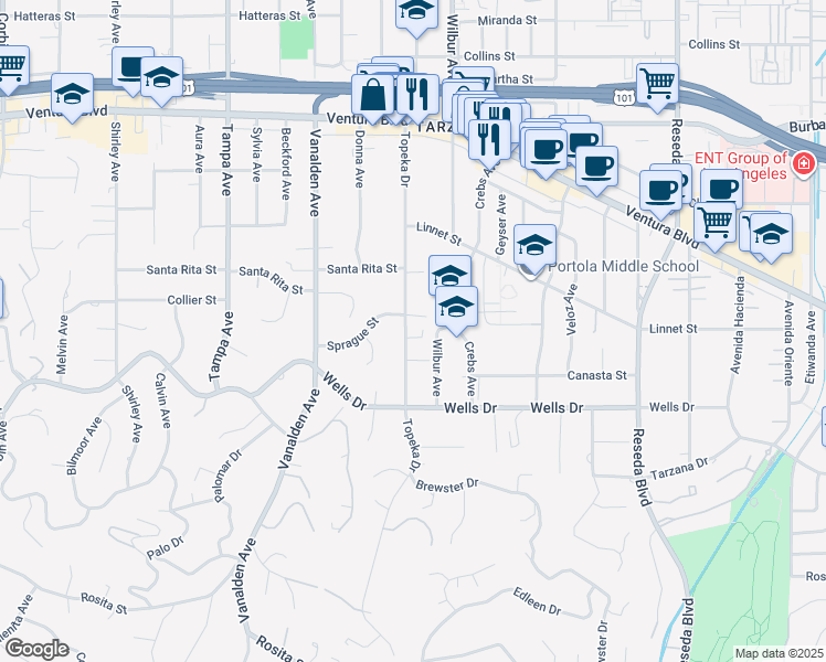 map of restaurants, bars, coffee shops, grocery stores, and more near 5236 Topeka Drive in Los Angeles