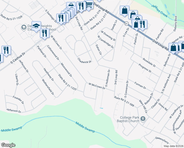 map of restaurants, bars, coffee shops, grocery stores, and more near 2136 Warner Street in Florence