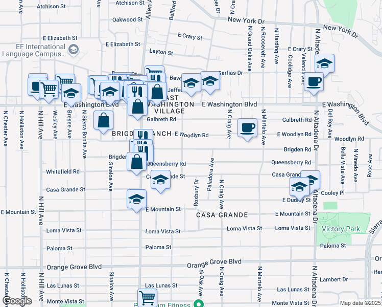 map of restaurants, bars, coffee shops, grocery stores, and more near 2038 Brigden Road in Pasadena