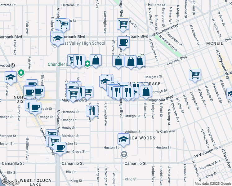 map of restaurants, bars, coffee shops, grocery stores, and more near 5229 Willowcrest Avenue in Los Angeles