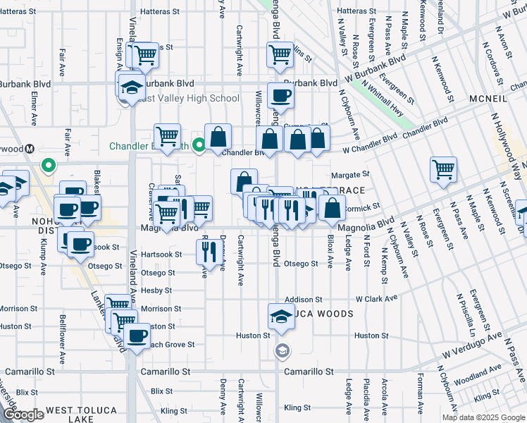 map of restaurants, bars, coffee shops, grocery stores, and more near 5229 Willowcrest Avenue in Los Angeles