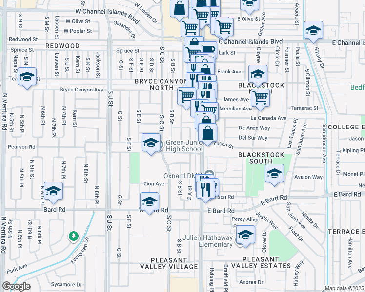 map of restaurants, bars, coffee shops, grocery stores, and more near 172 West Yucca Street in Oxnard