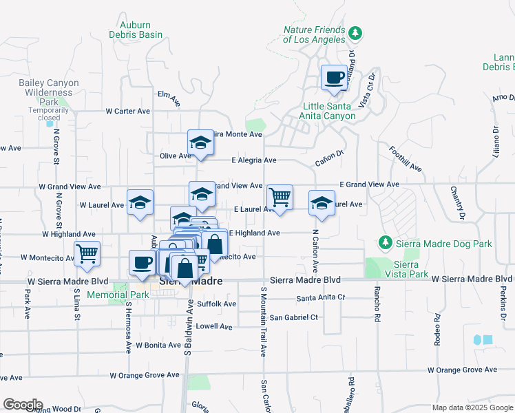 map of restaurants, bars, coffee shops, grocery stores, and more near 197 North Mountain Trail in Sierra Madre