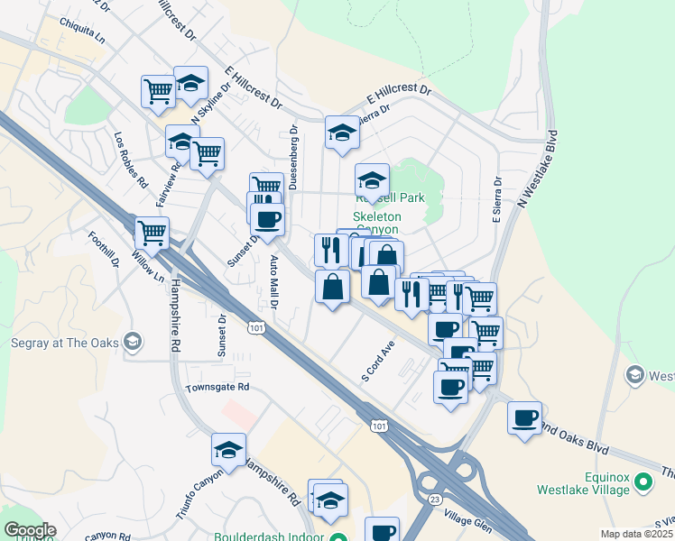 map of restaurants, bars, coffee shops, grocery stores, and more near 3625 Thousand Oaks Boulevard in Thousand Oaks