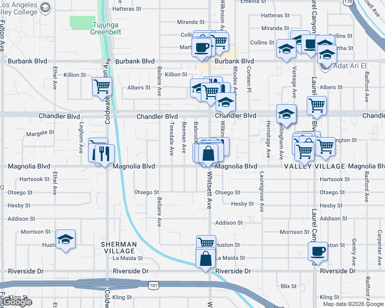 map of restaurants, bars, coffee shops, grocery stores, and more near 5218 Beeman Avenue in Los Angeles