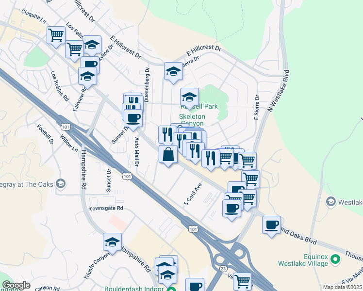 map of restaurants, bars, coffee shops, grocery stores, and more near 3625 Thousand Oaks Boulevard in Thousand Oaks