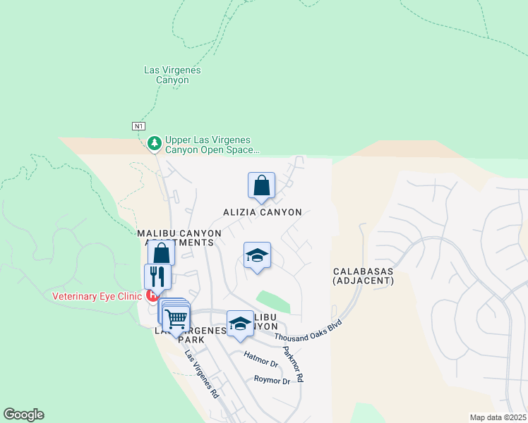 map of restaurants, bars, coffee shops, grocery stores, and more near 26118 Alizia Canyon Drive in Calabasas