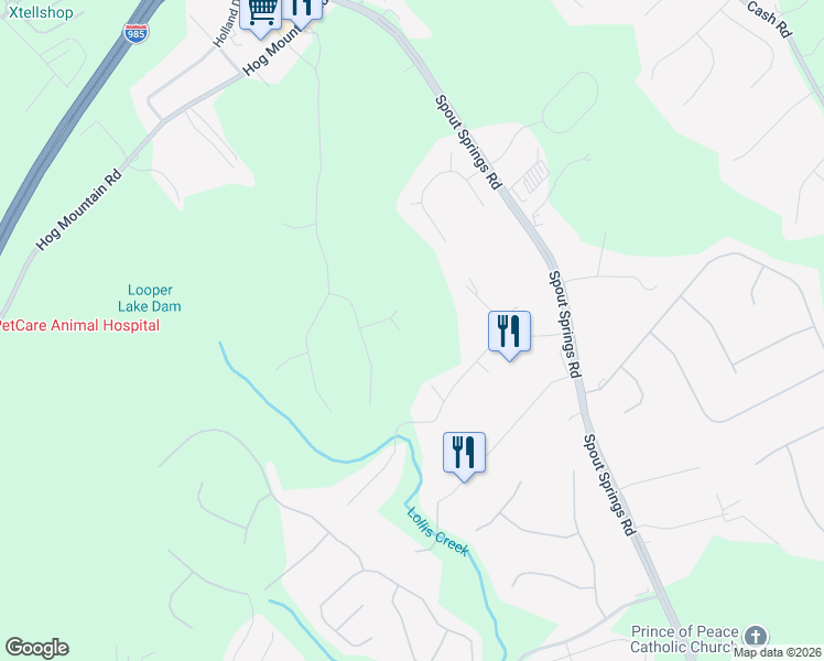 map of restaurants, bars, coffee shops, grocery stores, and more near 5056 Blue Goose Court in Flowery Branch