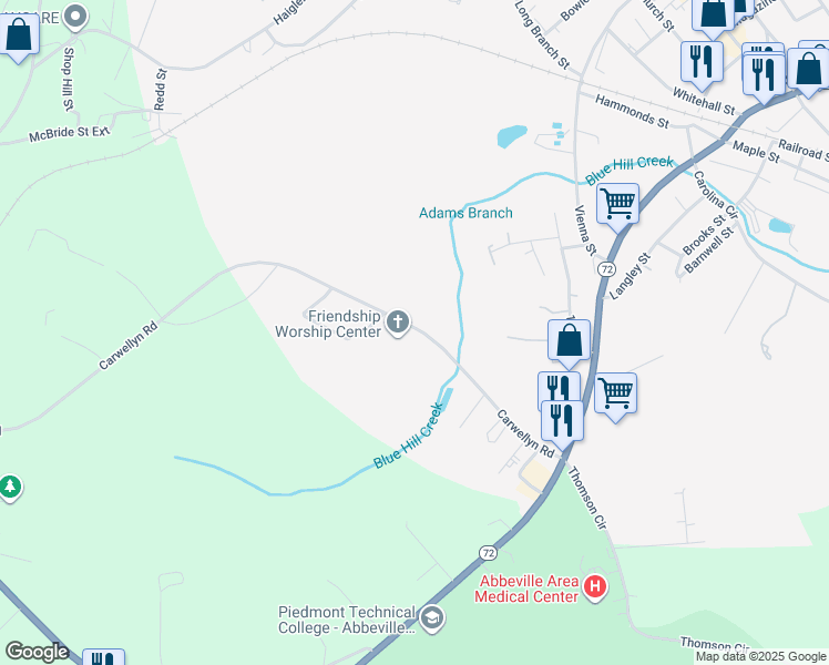 map of restaurants, bars, coffee shops, grocery stores, and more near 223 Carwellyn Road in Abbeville