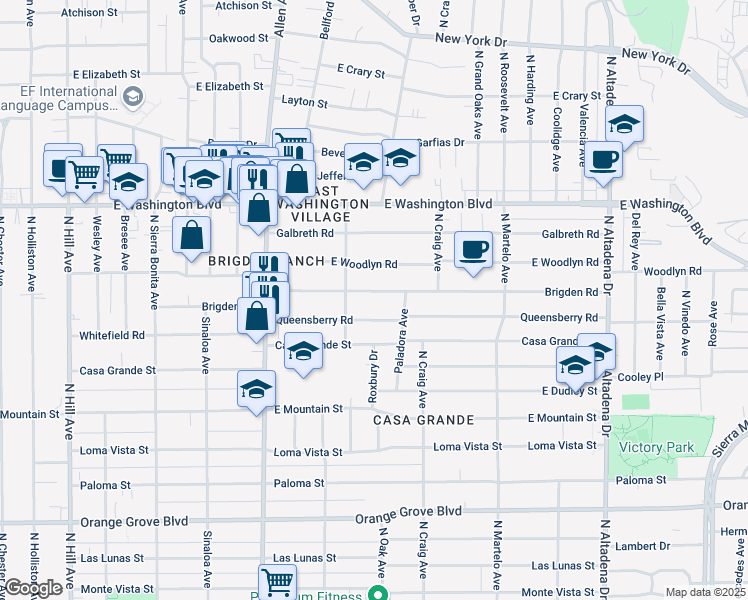 map of restaurants, bars, coffee shops, grocery stores, and more near 2038 Brigden Road in Pasadena