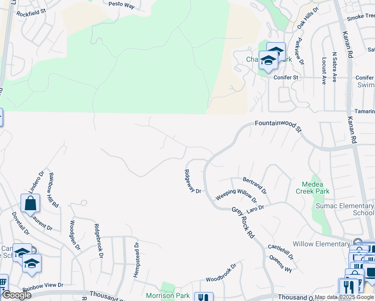 map of restaurants, bars, coffee shops, grocery stores, and more near 29650 Kimberly Drive in Agoura Hills