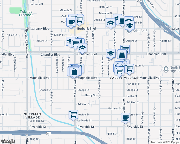 map of restaurants, bars, coffee shops, grocery stores, and more near 5223 Corteen Place in Los Angeles
