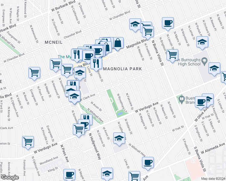 map of restaurants, bars, coffee shops, grocery stores, and more near 675 North Rosemary Lane in Burbank
