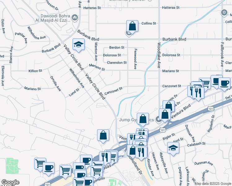 map of restaurants, bars, coffee shops, grocery stores, and more near 23458 Canzonet Street in Los Angeles