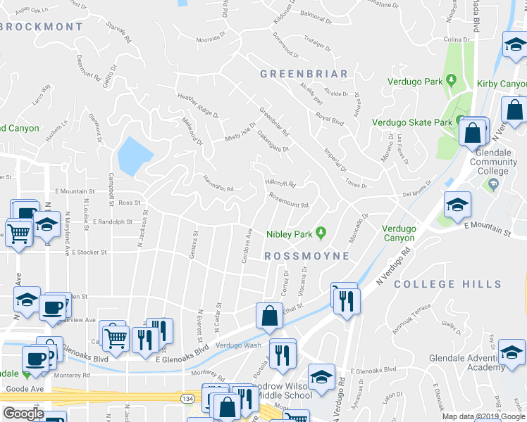 map of restaurants, bars, coffee shops, grocery stores, and more near 1326 Cordova Ave in Glendale