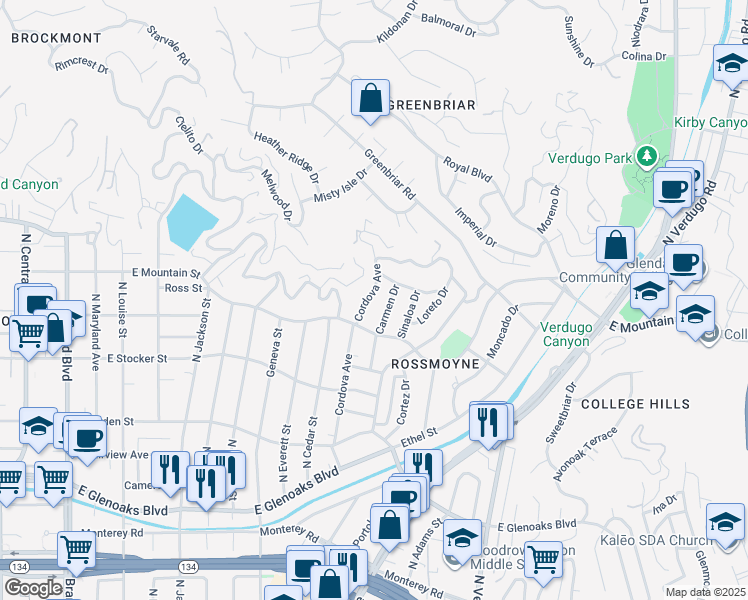 map of restaurants, bars, coffee shops, grocery stores, and more near 1326 Cordova Avenue in Glendale