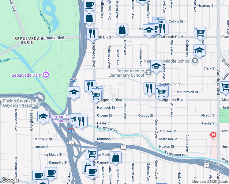 map of restaurants, bars, coffee shops, grocery stores, and more near 15165 Magnolia Boulevard in Los Angeles