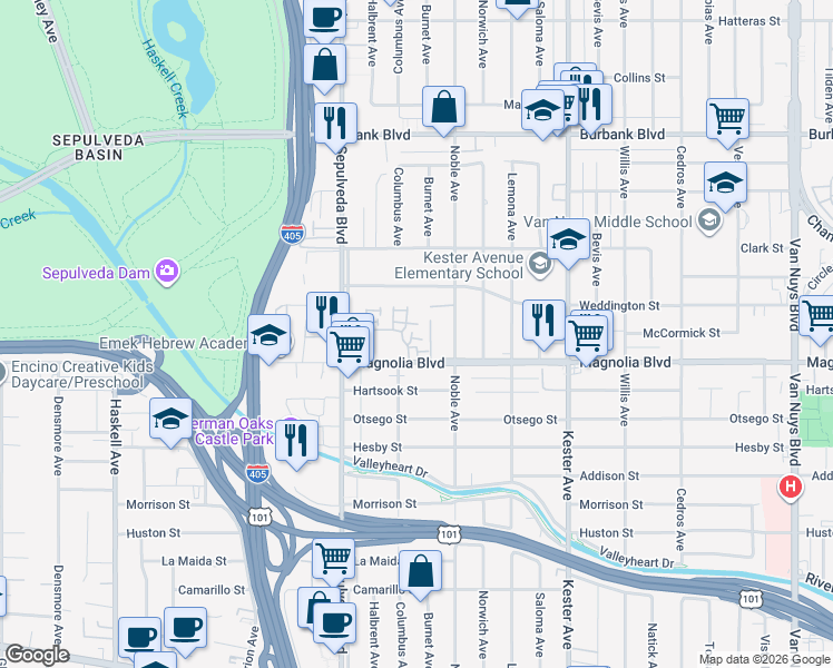 map of restaurants, bars, coffee shops, grocery stores, and more near 15149 West Magnolia Boulevard in Los Angeles
