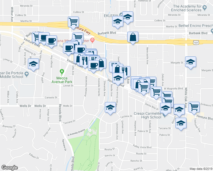 map of restaurants, bars, coffee shops, grocery stores, and more near 5204 Etiwanda Avenue in Los Angeles