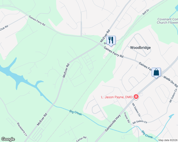 map of restaurants, bars, coffee shops, grocery stores, and more near 6533 McEver Road in Flowery Branch