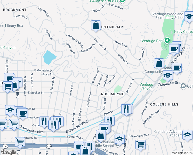 map of restaurants, bars, coffee shops, grocery stores, and more near 1326 Cordova Avenue in Glendale