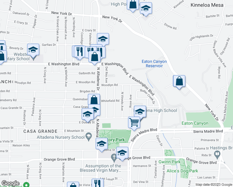 map of restaurants, bars, coffee shops, grocery stores, and more near 1134 Bella Vista Avenue in Pasadena
