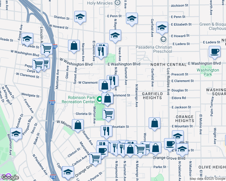 map of restaurants, bars, coffee shops, grocery stores, and more near 1138 North Raymond Avenue in Pasadena