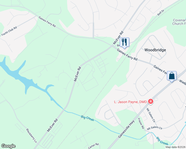 map of restaurants, bars, coffee shops, grocery stores, and more near 6533 McEver Road in Flowery Branch