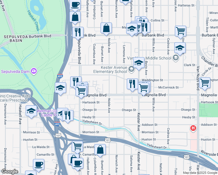map of restaurants, bars, coffee shops, grocery stores, and more near 5212 Noble Avenue in Los Angeles