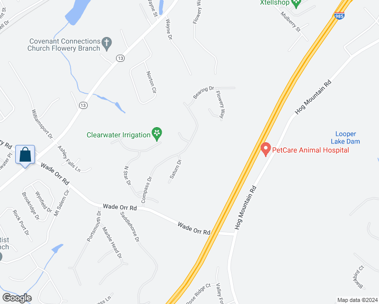 map of restaurants, bars, coffee shops, grocery stores, and more near 6310 Compass Drive in Flowery Branch