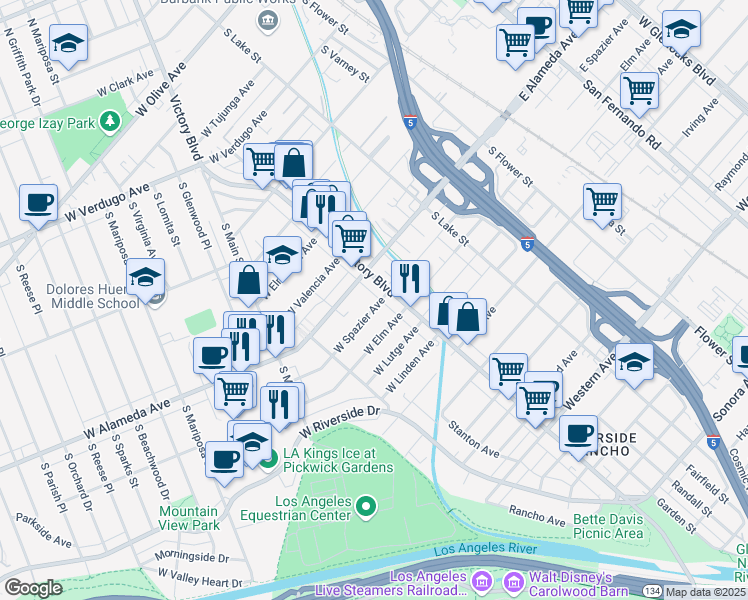 map of restaurants, bars, coffee shops, grocery stores, and more near 311 West Spazier Avenue in Burbank