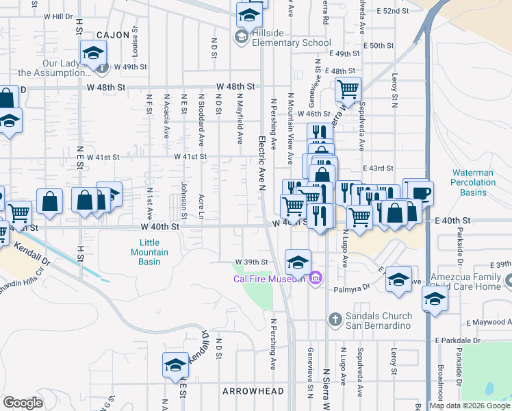 map of restaurants, bars, coffee shops, grocery stores, and more near 4039 Lorraine Drive in San Bernardino