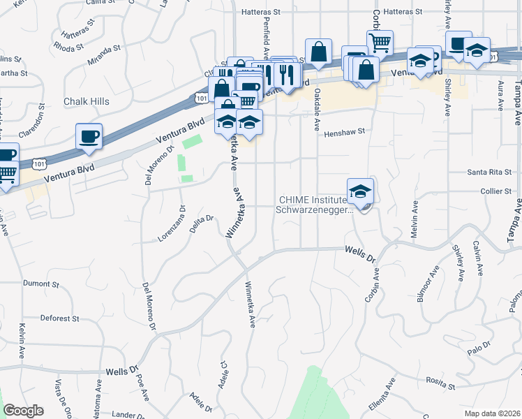 map of restaurants, bars, coffee shops, grocery stores, and more near 5213 Penfield Avenue in Los Angeles