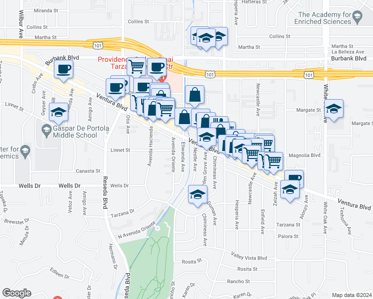 map of restaurants, bars, coffee shops, grocery stores, and more near 5204 Etiwanda Avenue in Los Angeles
