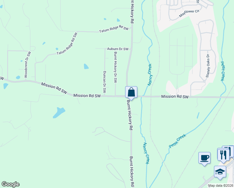 map of restaurants, bars, coffee shops, grocery stores, and more near 600 Mission Road Southwest in Cartersville