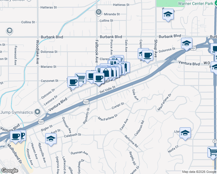 map of restaurants, bars, coffee shops, grocery stores, and more near 22735 Del Valle Street in Los Angeles