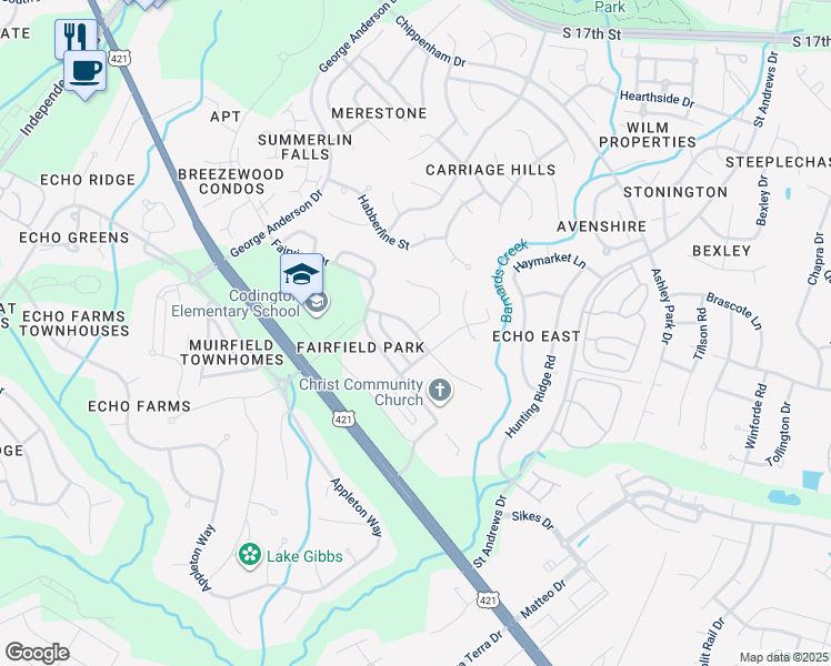 map of restaurants, bars, coffee shops, grocery stores, and more near 1101 Island Cove in Wilmington