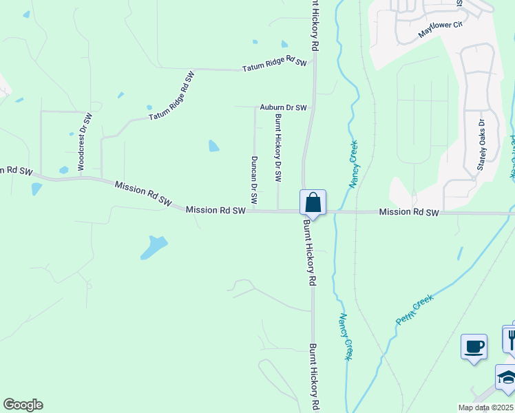 map of restaurants, bars, coffee shops, grocery stores, and more near 614 Mission Road Southwest in Cartersville