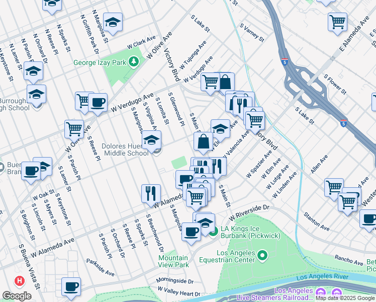 map of restaurants, bars, coffee shops, grocery stores, and more near 639 South Glenwood Place in Burbank