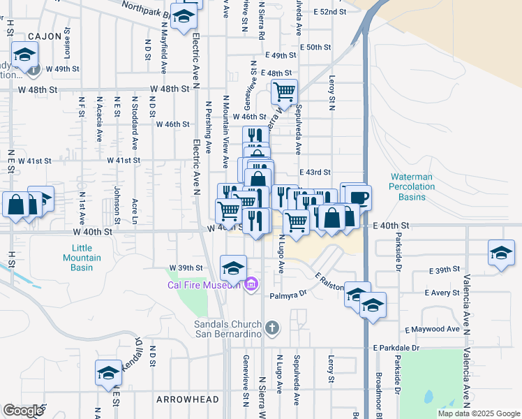 map of restaurants, bars, coffee shops, grocery stores, and more near 4086 North Sierra Way in San Bernardino